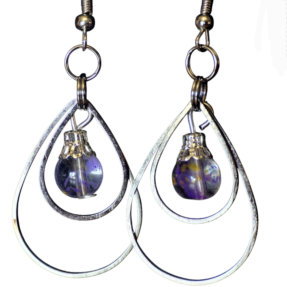 🟢 HAND-MADE Dangling Dreamy Teardrop  Glass Bead Drop Metal Frame Earrings